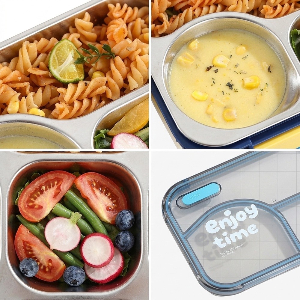 Meal Prep Yellow - 650ml 3コンパートメント漏れ防止ステンレス製ランチボックス ブルー・グリーン・イエロー 仕事・学校・旅行・食事の準備用食品容器