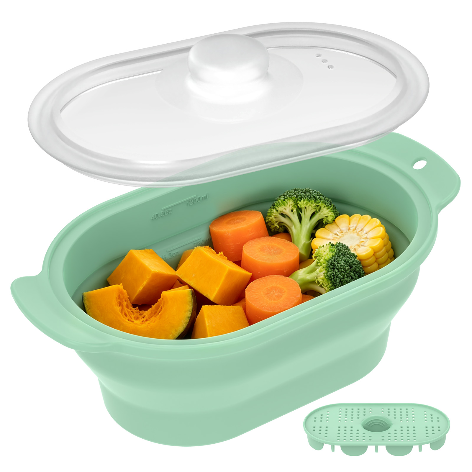 Meal Prep Frozen - シリコン製電子レンジ用野菜蒸し器、蒸しラックと蓋付き、折りたたみ式電子レンジ蒸し鍋、食事の準備や冷凍野菜用