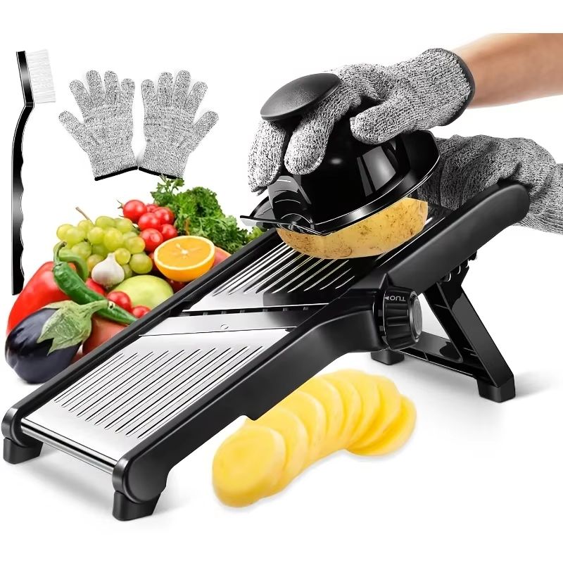Mandoline Slicer Guard - ステンレス製マンドリンスライサー、5枚刃とホルダー付き - 安全なハンドガード付き野菜・果物用フードチョッパー、お手入れ簡単