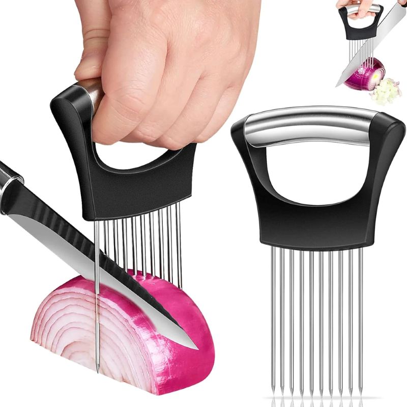 Onion Holder Slicer - ステンレス製玉ねぎカッターホルダー、フードスライサーアシスタント、トマト・野菜スライサー、キッチンガジェット、簡単調理用カッティングフォーク