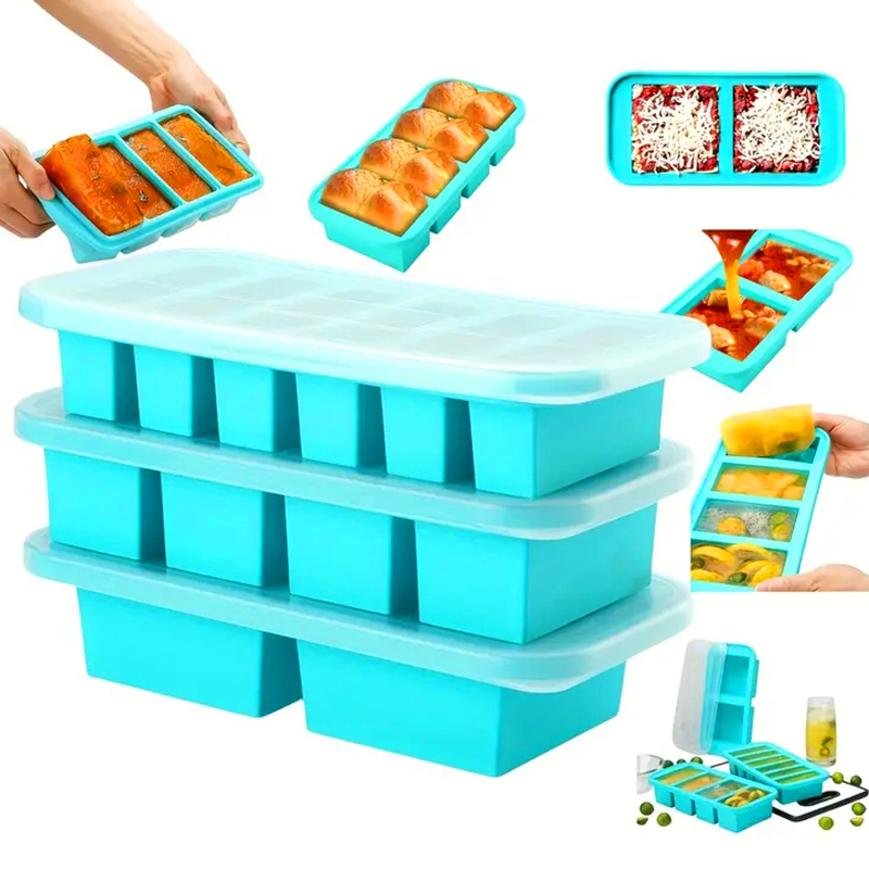 Meal Prep Recipes - 蓋付きシリコン製冷凍トレイ型（2個または3個）、保存容器、スープ、だし、食事の準備、氷の保存用