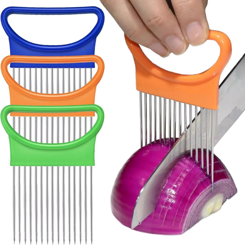 Onion Holder Slicer - 1/2/3/4 個この 1 個のカラフルなオニオンスライサーキッチンステンレス鋼ポテトチップオニオンホルダーで簡単に玉ねぎをスライスできます