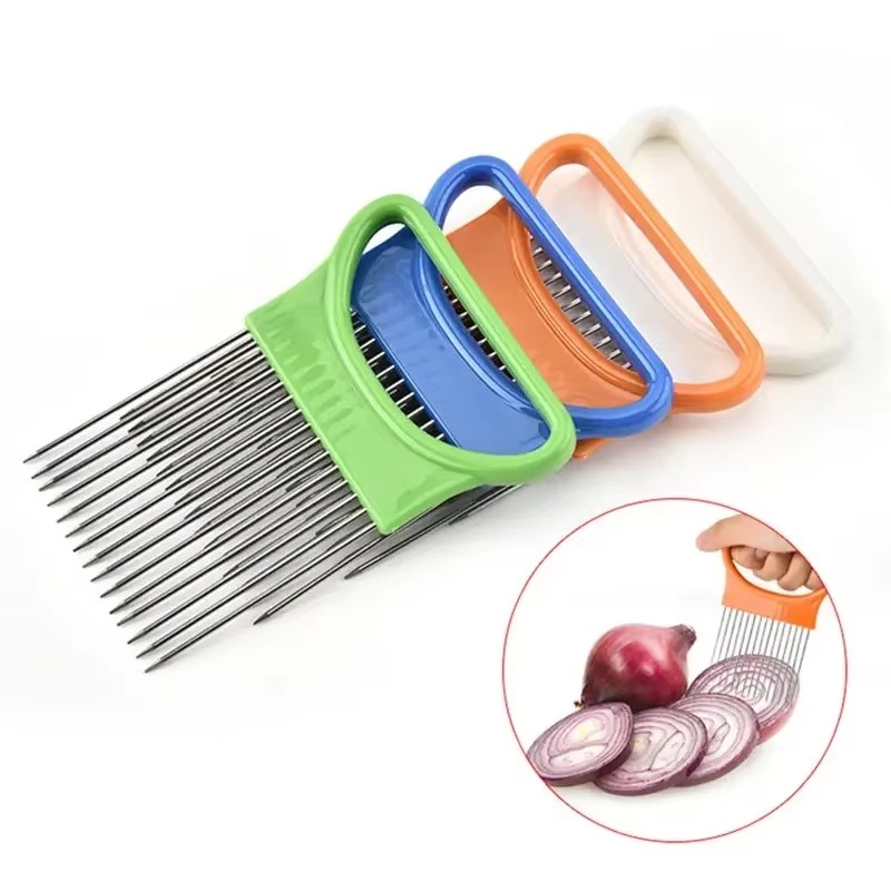 Onion Holder Slicer - 1/2/3/4 個この 1 個のカラフルなオニオンスライサーキッチンステンレス鋼ポテトチップオニオンホルダーで簡単に玉ねぎをスライスできます